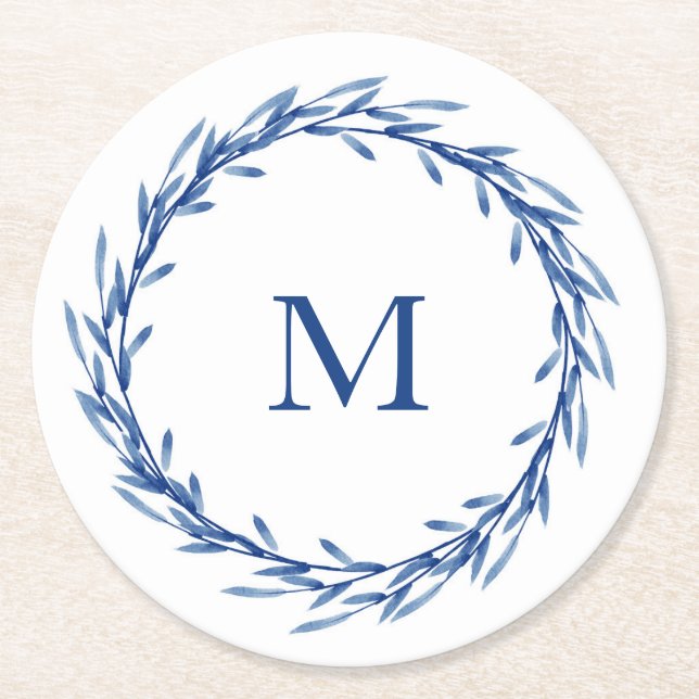 Posavasos Redondo De Papel Indigo acuarela deja Wreath (Anverso)