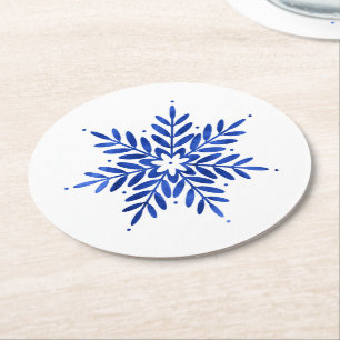 Posavasos Redondo De Papel Indigo Blue Watercolor Resumen Snowflake