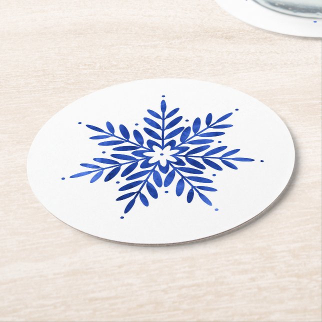 Posavasos Redondo De Papel Indigo Blue Watercolor Resumen Snowflake (En perspectiva)