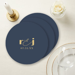 Posavasos Redondo De Papel Iniciales de Boda Elegantes Azul Marino Oro ID1312