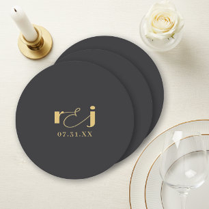 Posavasos Redondo De Papel Iniciales de boda elegantes negro mate oro ID1312