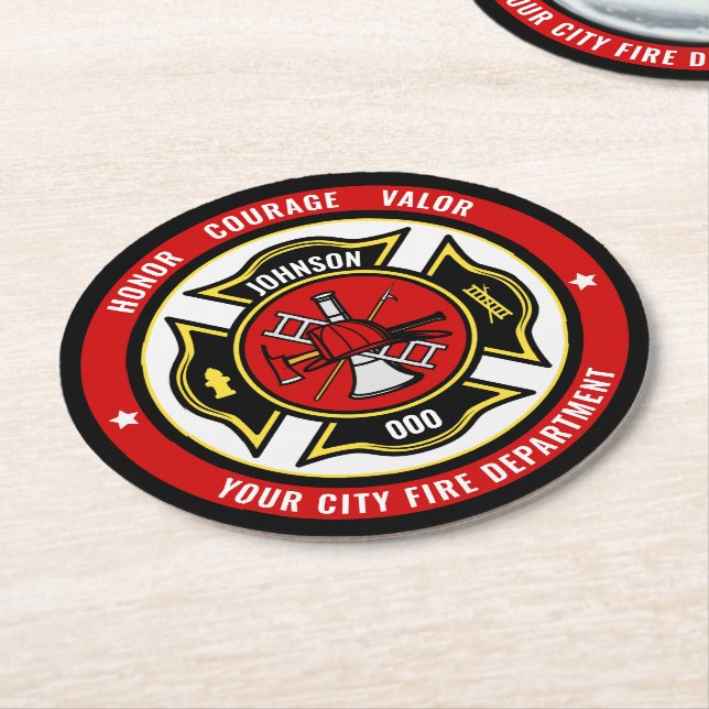 Posavasos Redondo De Papel Insignia del Departamento de Bomberos de Rescate d (En perspectiva)