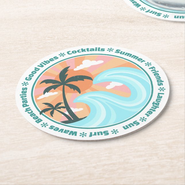 Posavasos Redondo De Papel Islas Tropicales Hawaianas Palmeras Buenas vibraci (En perspectiva)
