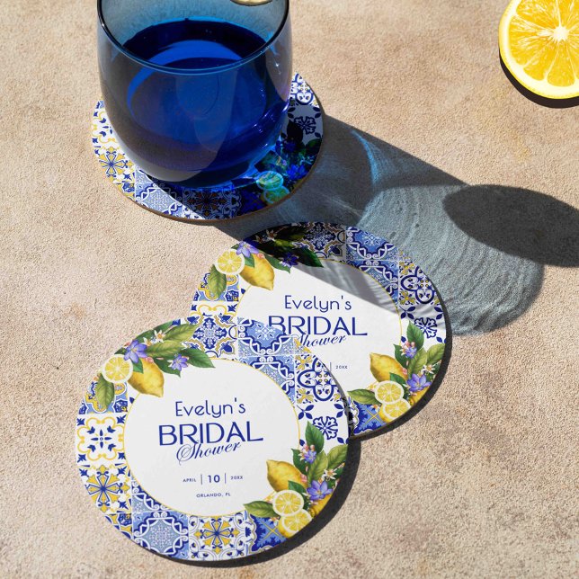 Posavasos Redondo De Papel Italian Mosaic Blue Tile Lemons Bridal Shower (Subido por el creador)