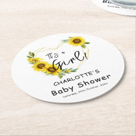 Posavasos Redondo De Papel It's a Girl! Baby Shower de marco de girasoles