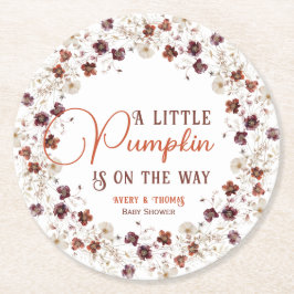 Posavasos Redondo De Papel Ivory Autumn Floral A Little Pumpkin Baby Shower
