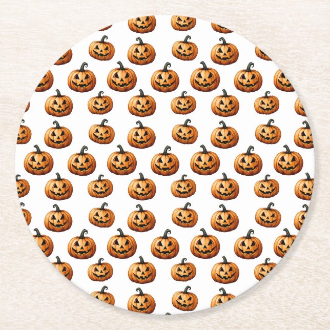 Posavasos Redondo De Papel Jack O'Lanterns en la Halloween blanca (Anverso)