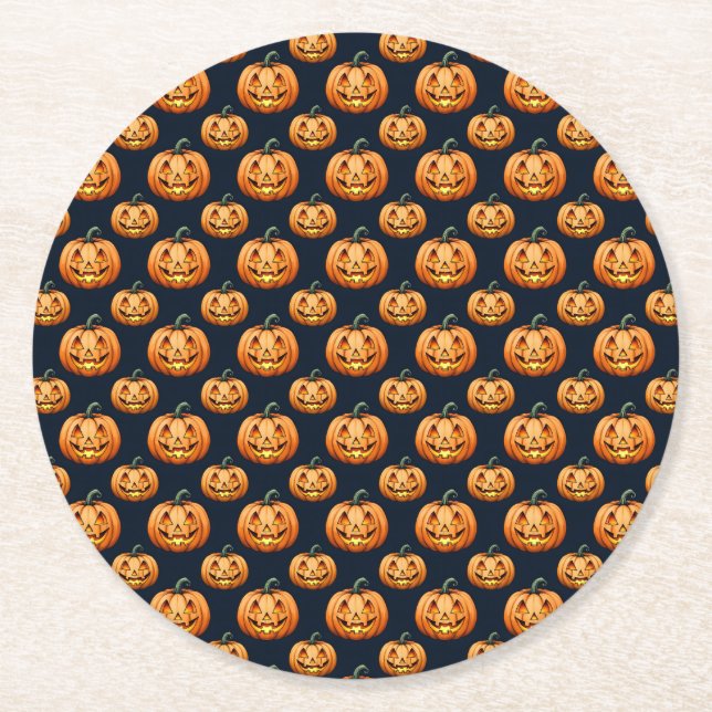 Posavasos Redondo De Papel Jack o'Lanterns en la Halloween negra (Anverso)