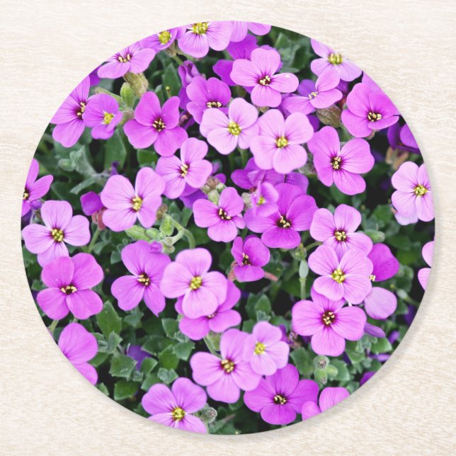 Posavasos Redondo De Papel Jardín de flores moradas (Anverso)