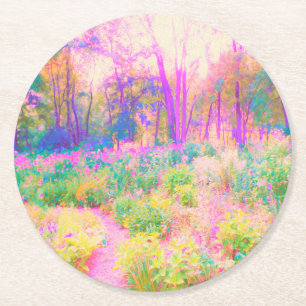 Posavasos Redondo De Papel Jardín iluminado de paisaje rosa y coral