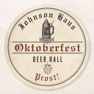 Posavasos Redondo De Papel Jarra de cerveza Vintage Oktoberfest Your Name Hau
