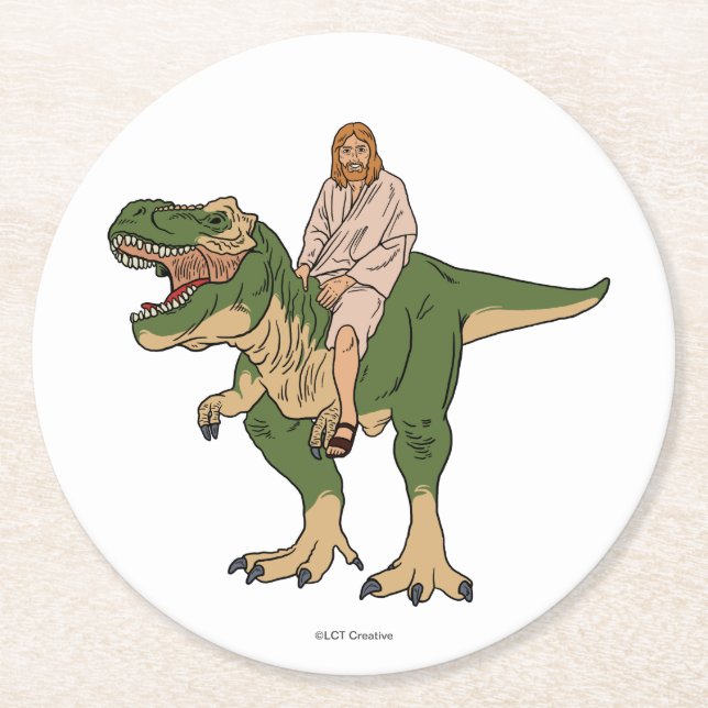 Posavasos Redondo De Papel Jesus Riding T-Rex (Anverso)
