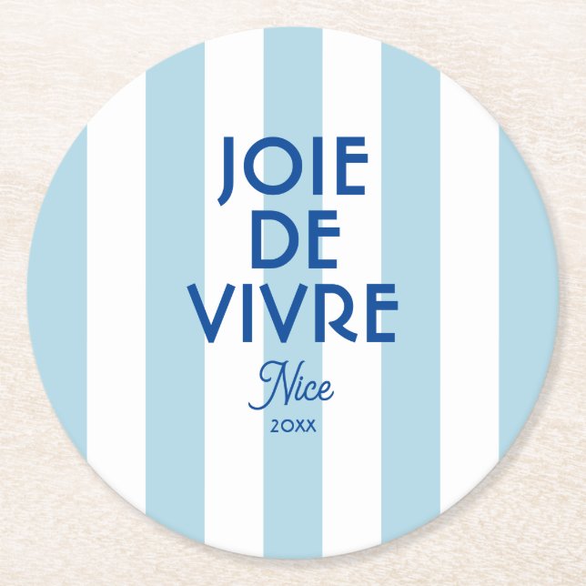 Posavasos Redondo De Papel Joie De Vivre Nice Blue Cabana Stripe French (Anverso)