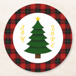 Posavasos Redondo De Papel Joy-Love-Custom Plaid Christmas Tree