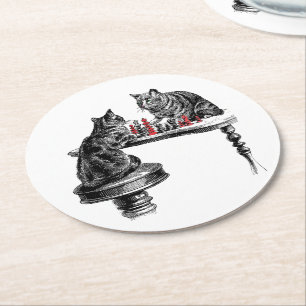 Posavasos Redondo De Papel Juegos de Mesa Dos Gatos jugando Ajedrez Partido R