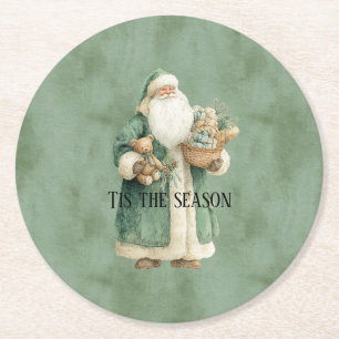 Posavasos Redondo De Papel Juguetes de Navidad de Papá Noel con Abrigo Verde
