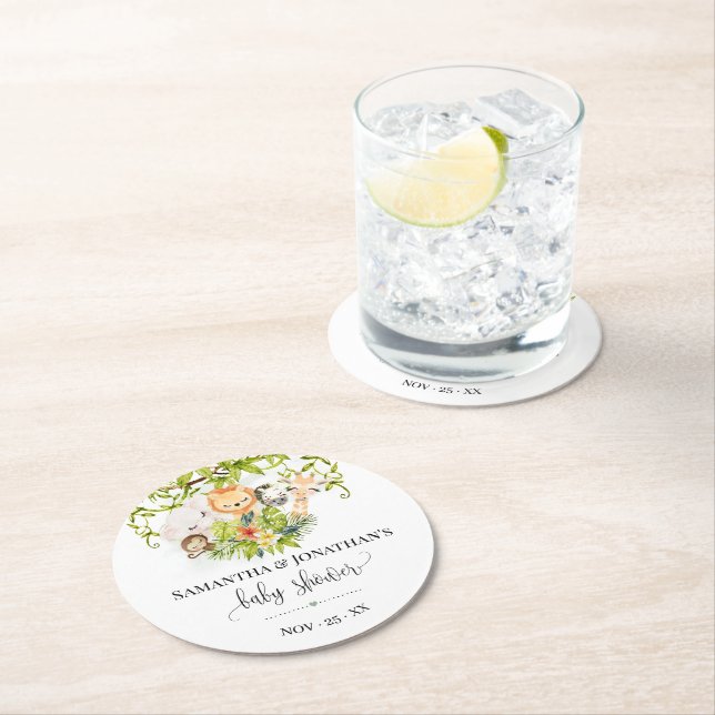 Posavasos Redondo De Papel Jungle Wild Baby Animals Tropical Baby Shower (In situ)