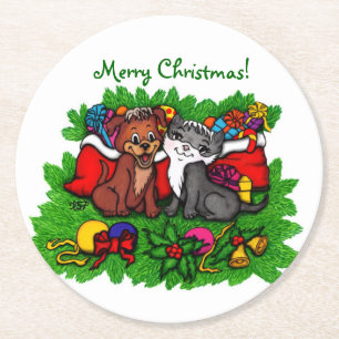 Posavasos Redondo De Papel Kitty y cachorro, Feliz Navidad