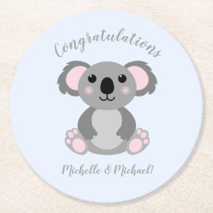 Posavasos Redondo De Papel Koala Bear Baby Shower Blue
