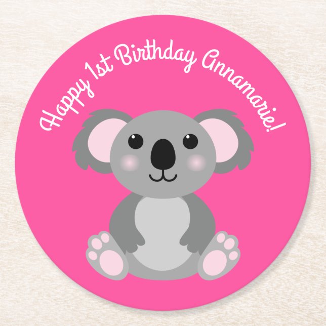 Posavasos Redondo De Papel Koala Bear Cute Kid Birday Party (Anverso)