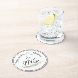 Posavasos Redondo De Papel La Biblia Católica Enmarcada contra el Boda