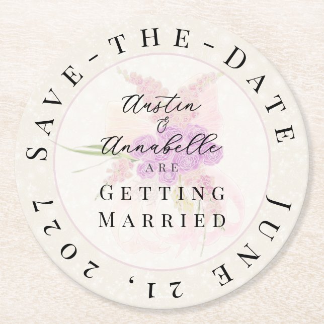 Posavasos Redondo De Papel La Boca Golden Sheer Bow Bouquet Save-the-Date  (Anverso)