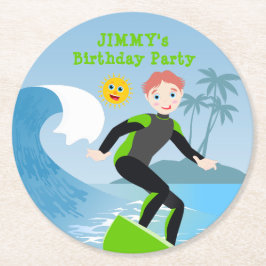 Posavasos Redondo De Papel La fiesta de cumpleaños del niño de Surf