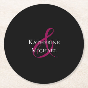Posavasos Redondo De Papel La moderna fucsia negra y el Boda blanco