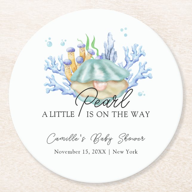 Posavasos Redondo De Papel La perla oceánica moderna bajo el mar Baby Shower (Anverso)