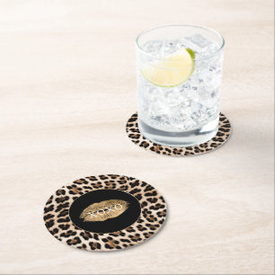 Posavasos Redondo De Papel Labios Dorados Estampado de Leopardo XOXO
