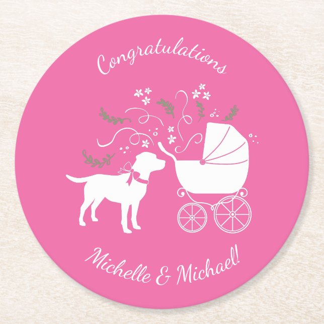 Posavasos Redondo De Papel Labrador Theme Dog Baby Shower Pink Lab (Anverso)