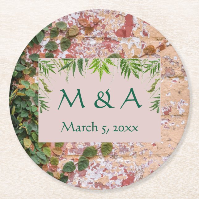 Posavasos Redondo De Papel Ladrillos pintados Green Ivy Boda (Anverso)