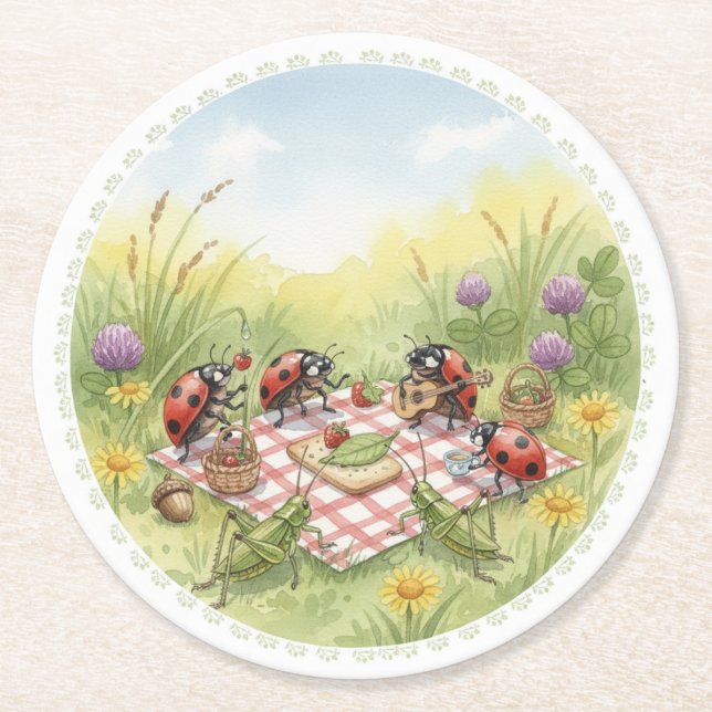 Posavasos Redondo De Papel Lady bug cricket spring garden party coasters (Anverso)