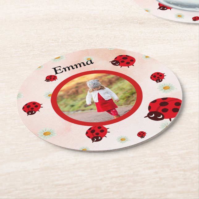 Posavasos Redondo De Papel lady bug party photo (En perspectiva)
