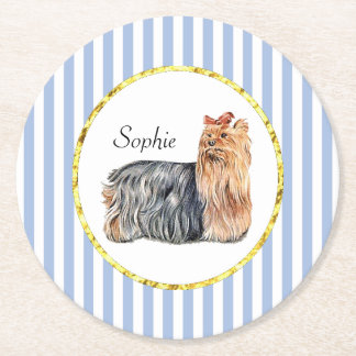 Posavasos Redondo De Papel Las rayas azules de Yorkshire Terrier personalizan