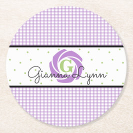 Posavasos Redondo De Papel Lavender Gingham Monogrammed