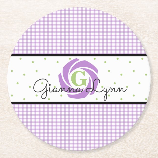 Posavasos Redondo De Papel Lavender Gingham Monogrammed (Anverso)