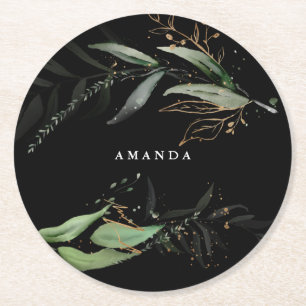 Posavasos Redondo De Papel Leafy Eucalyptus Botánico Rama Negra Moderna