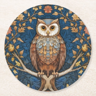 Posavasos Redondo De Papel Lechuza en una rama azul otoño fondo arte nouveau