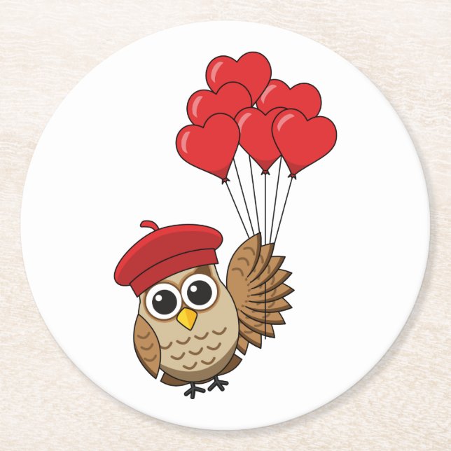 Posavasos Redondo De Papel Lechuza ligera volando con globos de corazón (Anverso)