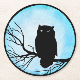 Posavasos Redondo De Papel Lechuza vintage escarpada con luna de color azul p