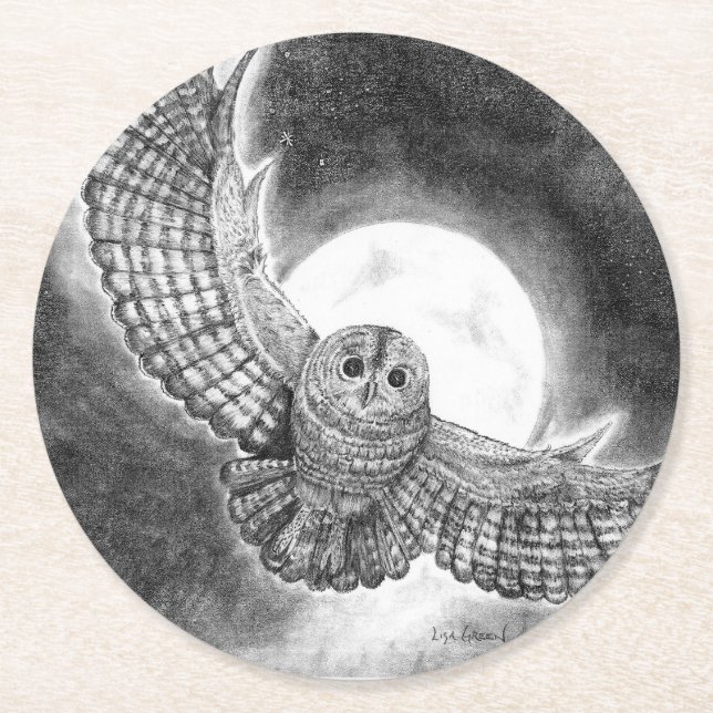 Posavasos Redondo De Papel Lechuza volando frente a la luna (Anverso)