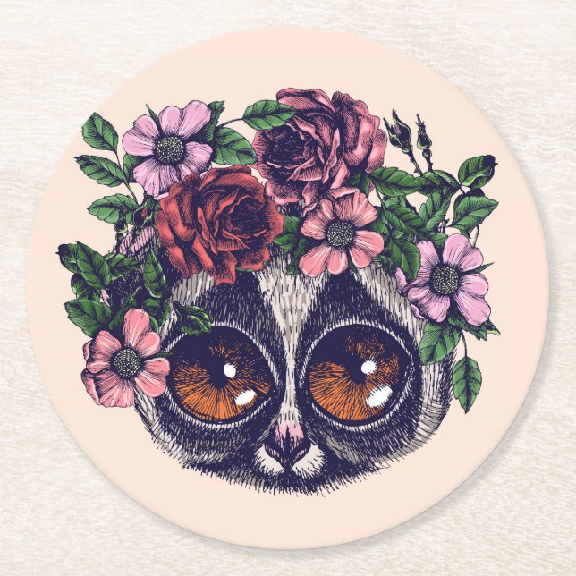 Posavasos Redondo De Papel Lemur floral dulce (Anverso)