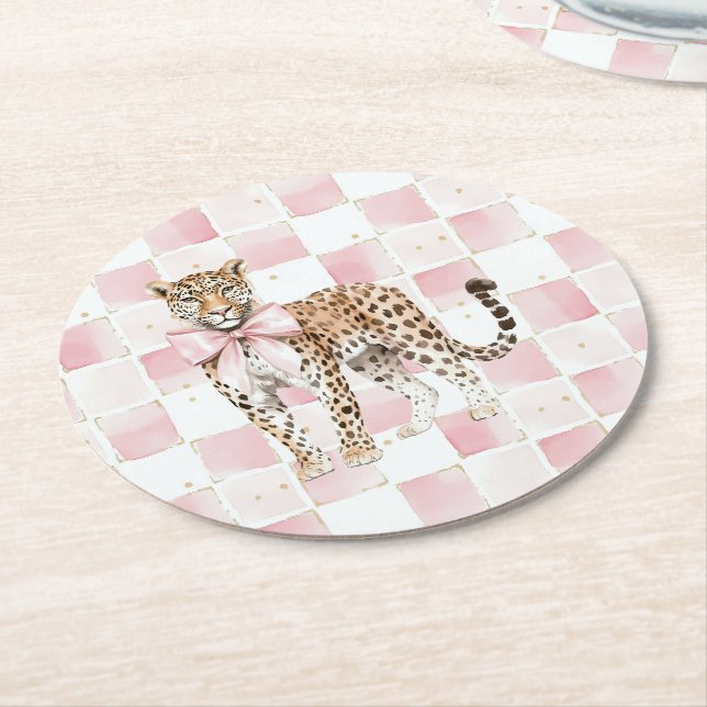 Posavasos Redondo De Papel Leopard Pink Bow Square Cumpleaños (En perspectiva)