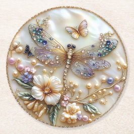 Posavasos Redondo De Papel Libélula Perlas Mariposas Flores