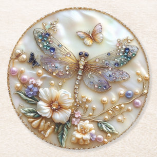 Posavasos Redondo De Papel Libélula Perlas Mariposas Flores