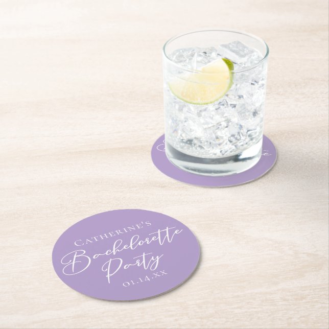 Posavasos Redondo De Papel Lilac Purple Bachelorette Party Personalized (In situ)