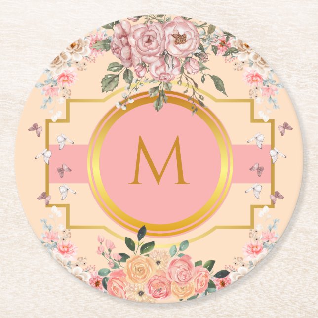 Posavasos Redondo De Papel Lindo acuarela Flores rosas monogramadas para ella (Anverso)