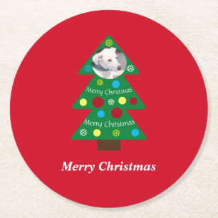 Posavasos Redondo De Papel Lindo perro blanco árbol de Navidad colorido rojo