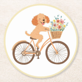 Posavasos Redondo De Papel Lindo perro Goldendoodle en bicicleta con flores d